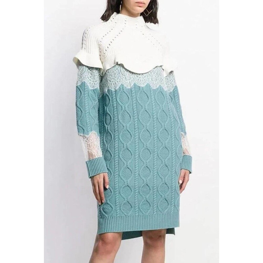 Fendi Light Turquoise, White Wool Cashmere Cable-knit Sweater, IT 40, US 4, NWT